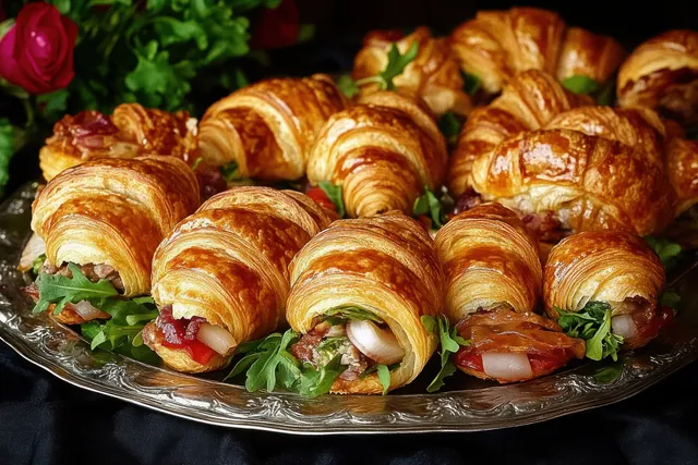 Golden croissant sandwiches on a tray with lettuce and tomato, set among green plants and a red rose.