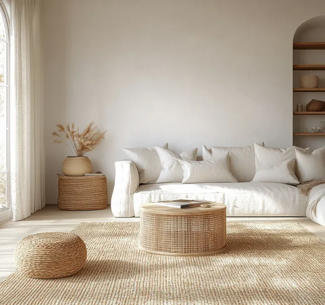 Minimal Scandinavian living room with a white sofa, woven baskets, beige rug, and sunlight from tall windows.
