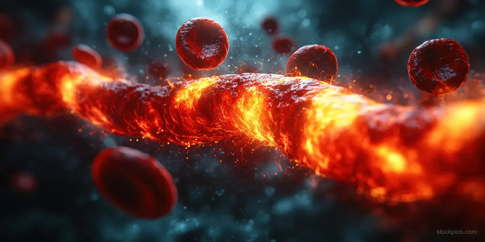 Glowing orange cholesterol plaque blocks a blood vessel as red blood cells float past.