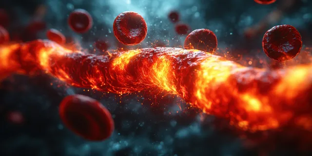 Clogged artery cross-section with glowing cholesterol plaque and floating blood cells