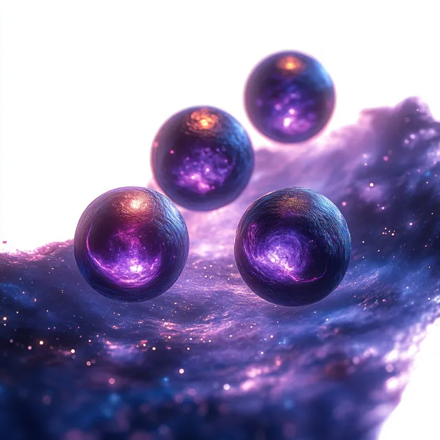 Three glowing purple spheres float above a textured cosmic surface with swirling light and sparkling particles.