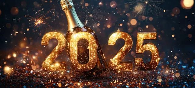 Golden 2025 champagne bottle with fireworks sparkle and colorful confetti at midnight night