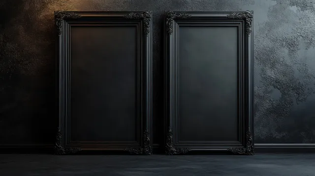 Two ornate black empty picture frames stand side by side against a textured dark gray wall under moody lighting.
