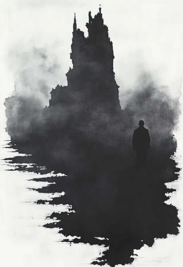 A lone silhouette stands facing a towering gothic castle surrounded by dense monochrome mist.