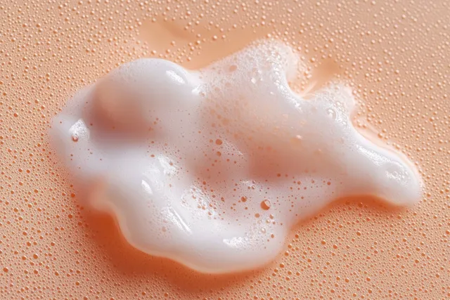 White foam bubbles float on a smooth peach liquid surface with small droplets and frothy texture.
