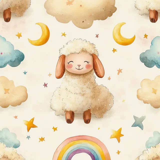 Sleeping fluffy sheep with closed eyes under moons, stars, clouds, and a rainbow