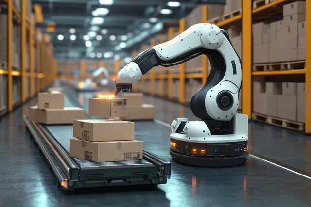 Robotic arm stacking cardboard boxes on conveyor belt inside bright logistics warehouse aisle