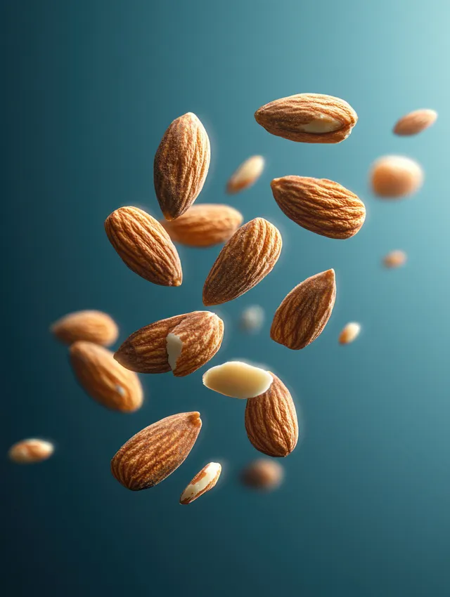 Whole and cracked almonds float against a smooth blue gradient background, showing rough natural texture.