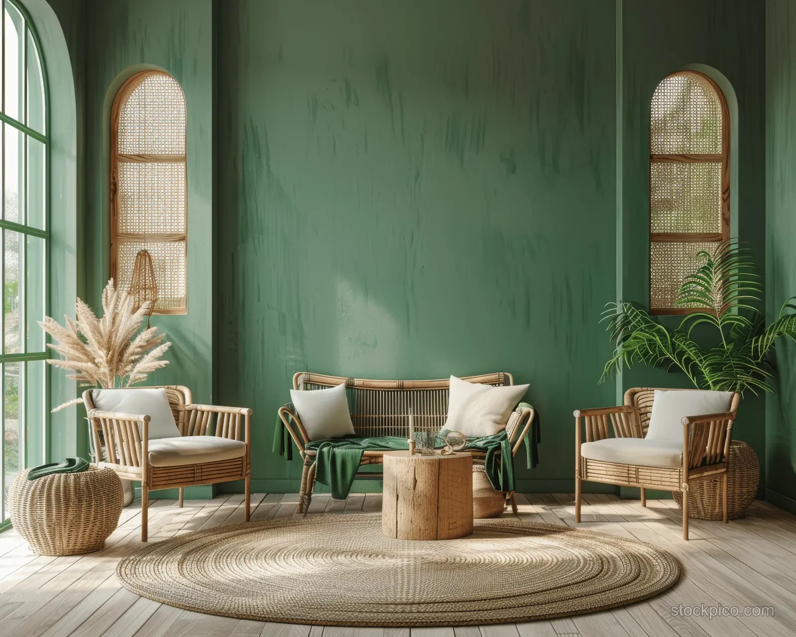 Living room interior with green wall, rattan armchairs, plaid cushions, and arched windows in daylight.
