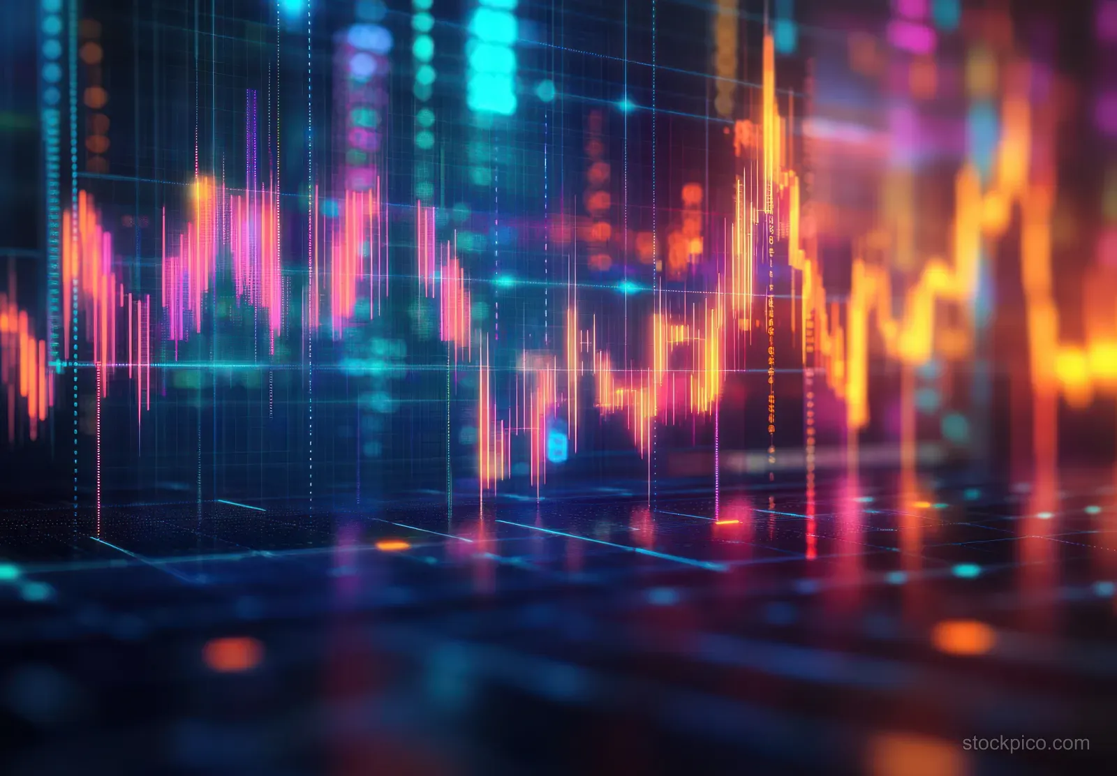 Glowing candlestick stock chart overlays a dark digital data grid with blue and orange light trails.