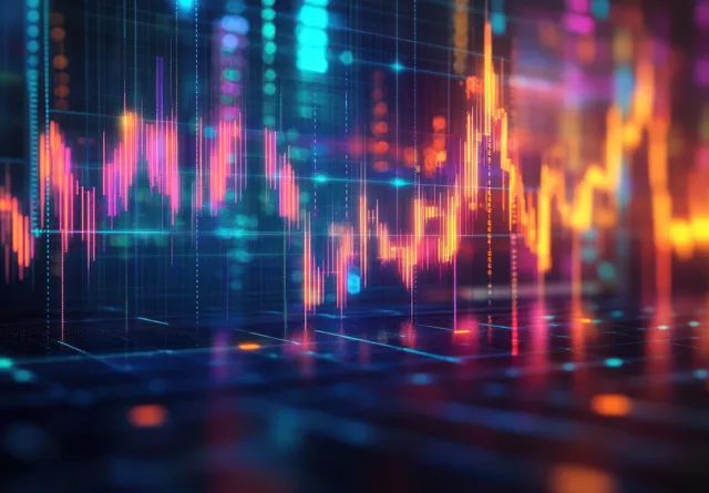 Glowing candlestick stock chart overlays a dark digital data grid with blue and orange light trails.