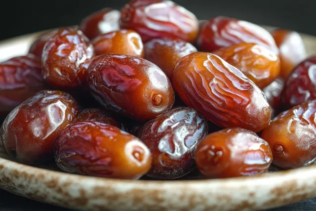 Glossy ripe dates fill a ceramic plate, showing wrinkled skins and rich brown caramel tones.