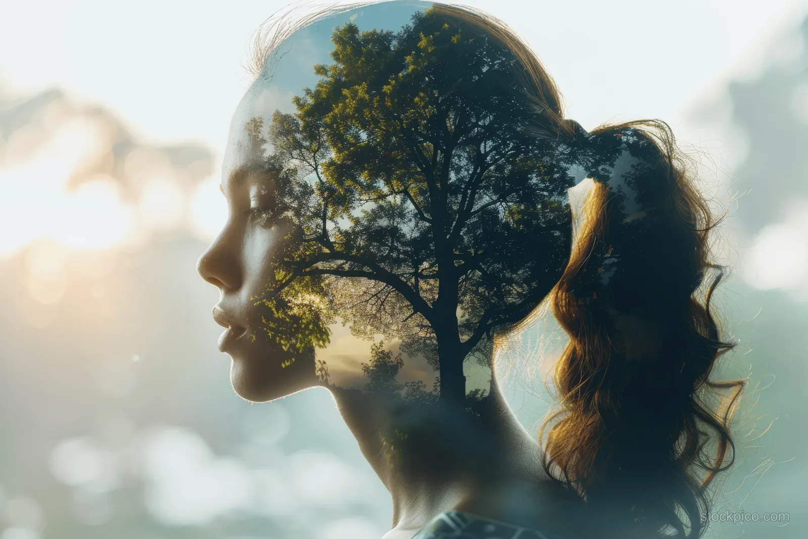 Woman in side profile with her face merging into a tree canopy through a dual exposure effect.
