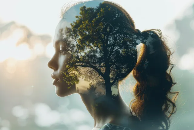 Woman in side profile with her face merging into a tree canopy through a dual exposure effect.