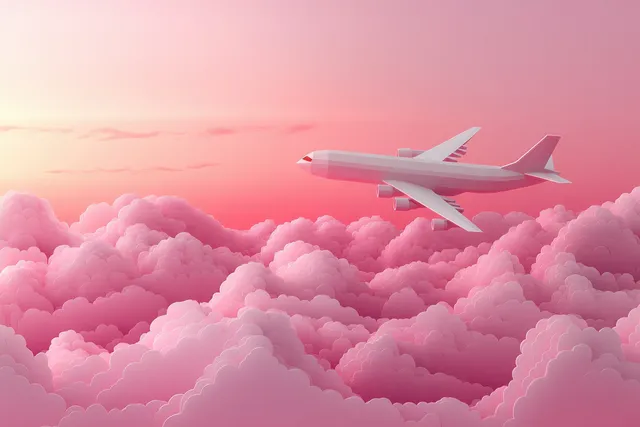 A white paper-cut airplane flies above fluffy pink clouds on a soft pastel background.