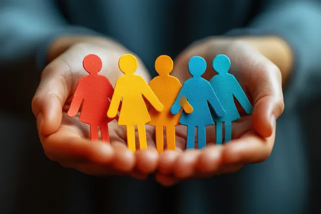 Hands hold colorful paper cutout people representing diversity and community care.
