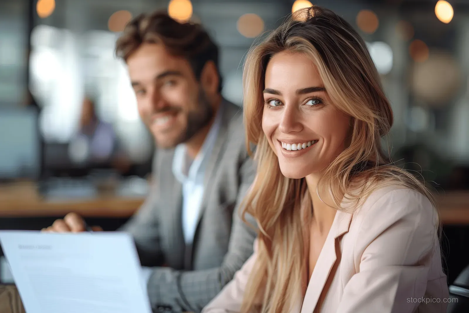 Smiling businesswoman reviews financial legal papers while colleagues talk in an office meeting.