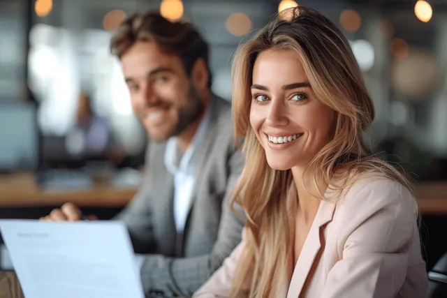 Smiling businesswoman reviewing financial legal documents during office meeting with colleagues