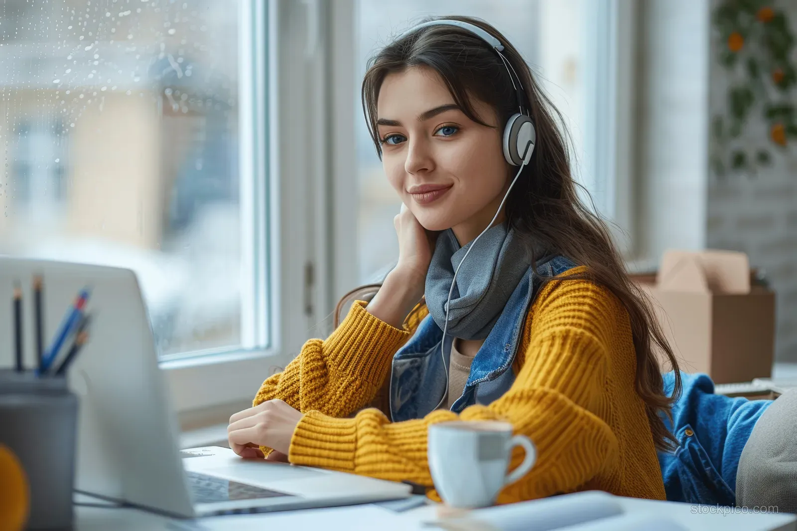 Woman at a home office desk holding a coffee mug and wearing earphones while working on a laptop