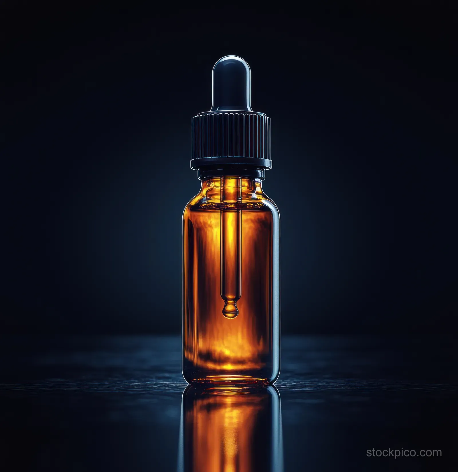 A glowing amber glass ampoule with small bubbles stands on a dark reflective surface under studio lighting.