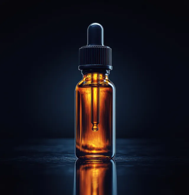 A glowing amber glass ampoule with small bubbles stands on a dark reflective surface under studio lighting.