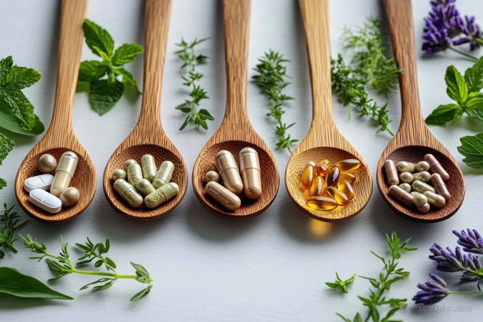 Wooden spoons filled with capsules and pills surrounded by fresh green herb sprigs on a white surface.