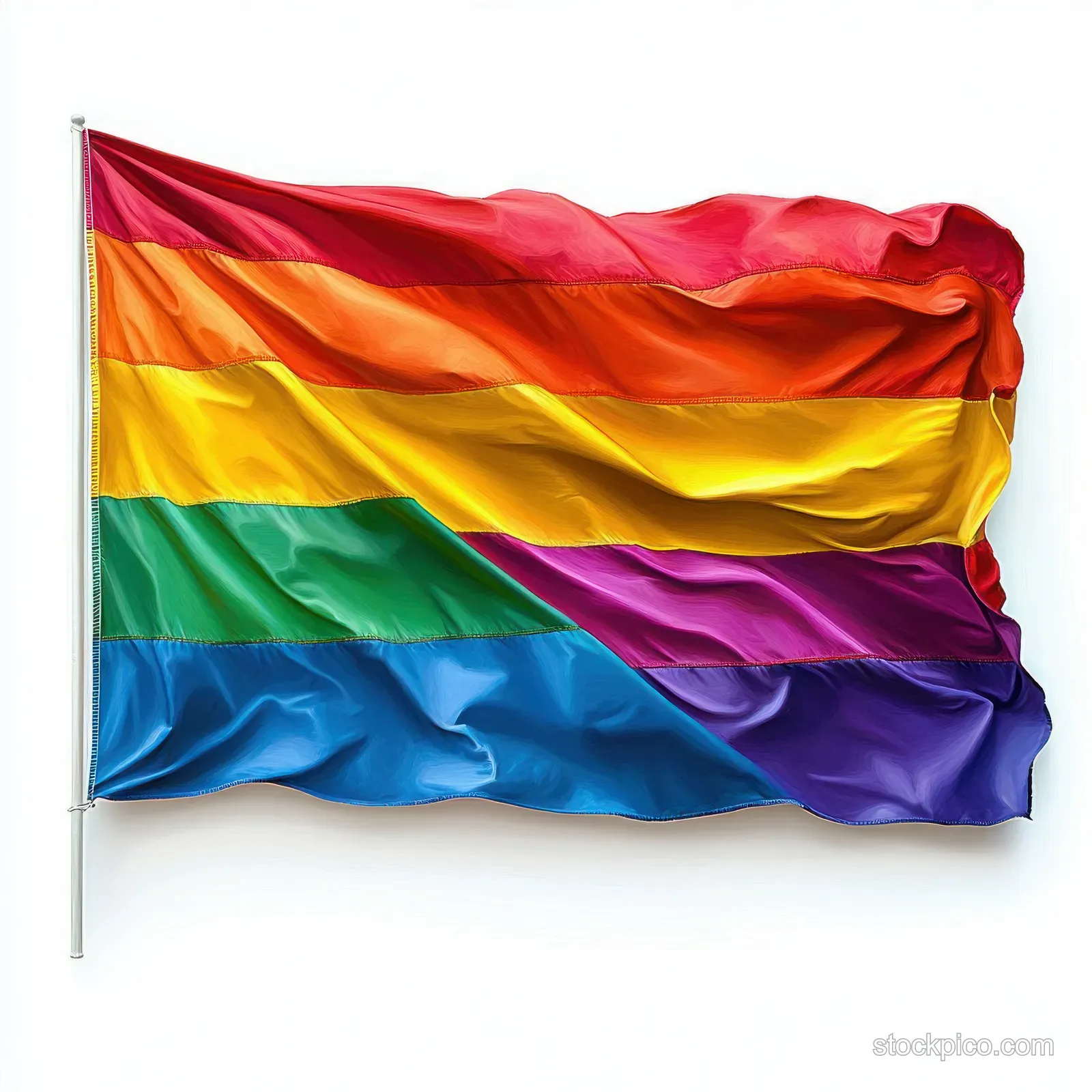 Rainbow pride flag with six horizontal stripes waving on a pole against a white background.