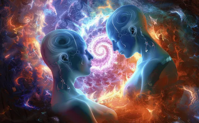 Two translucent humanoid heads float and face each other as glowing spiral energy swirls between them in a cosmic vortex.