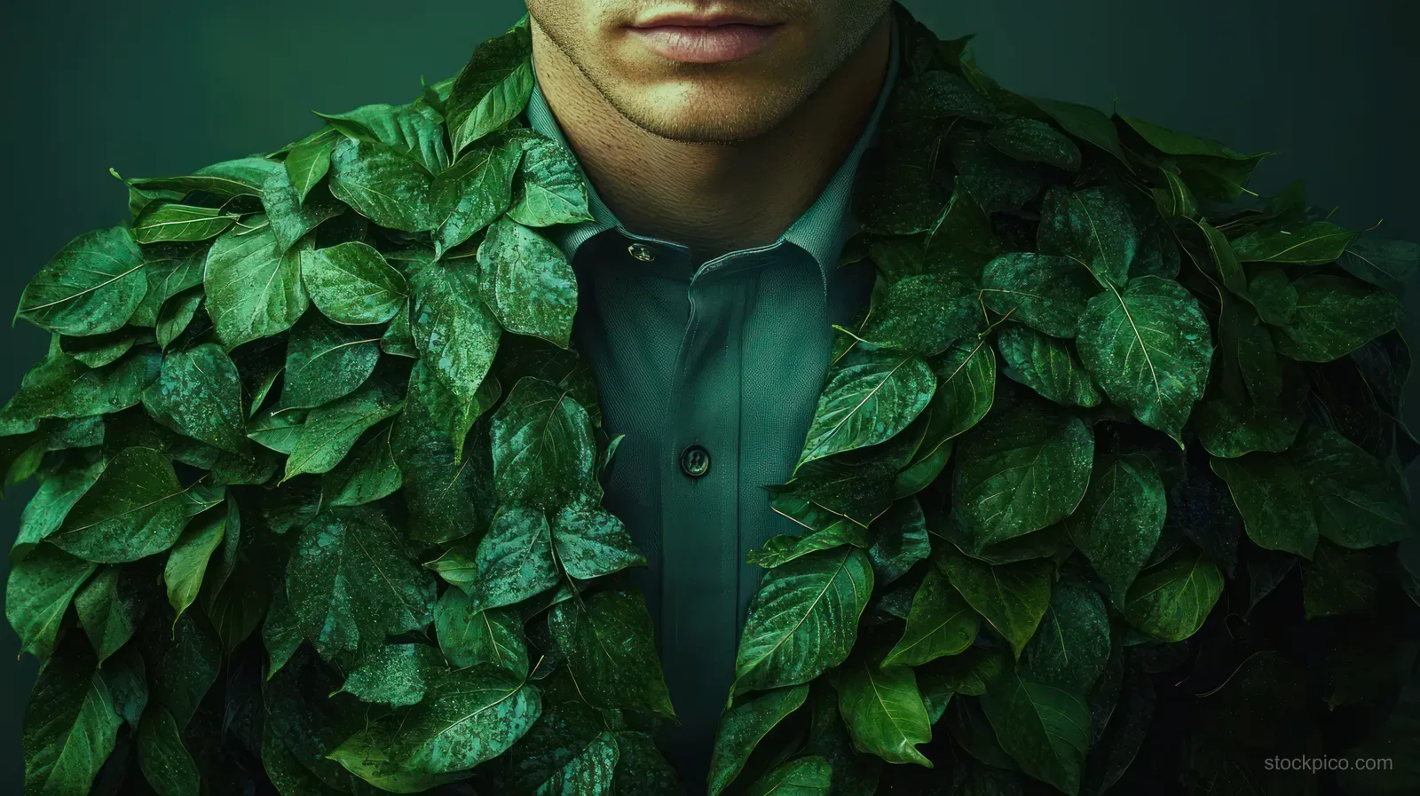 A close-up of a businessman wearing a jacket made of layered green leaves against a dark green background.