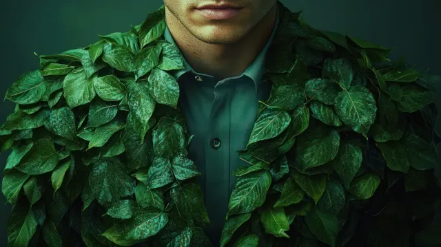 Green-leaf suited businessman holding a sustainable corporate image close-up