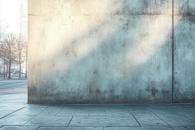 Rough concrete wall corner with tiled sidewalk and soft daylight shadows in an empty urban street.