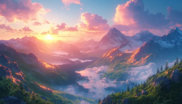 Sunburst dawn light illuminates a misty mountain valley with layered peaks and colorful sky gradients.