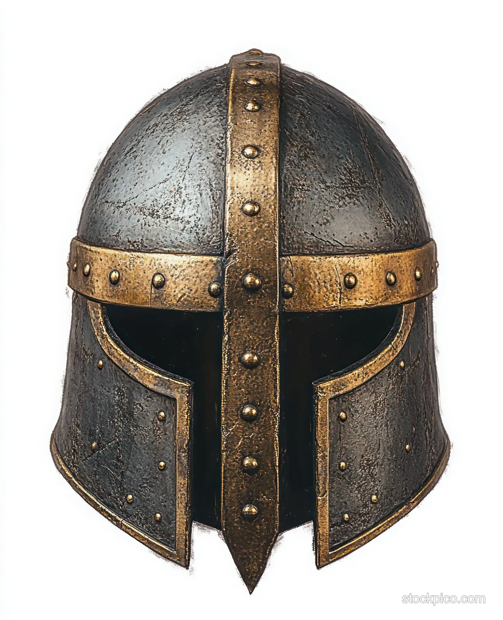 Front view of a medieval metal helmet with dark aged steel and riveted golden bands.