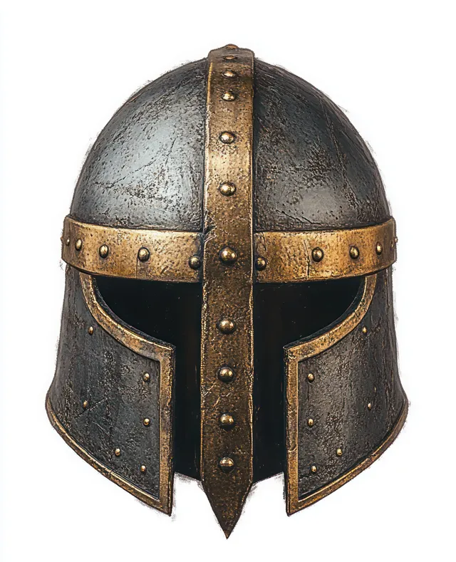 Front view of a medieval metal helmet with dark aged steel and riveted golden bands.