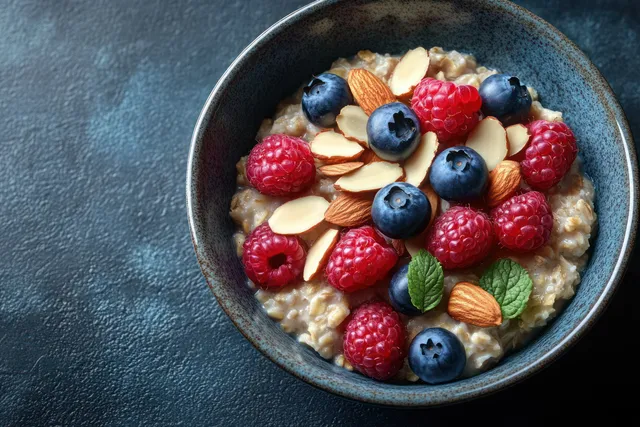 Creamy oatmeal in a bowl topped with raspberries, blueberries, almonds, and mint leaves on a dark textured surface.