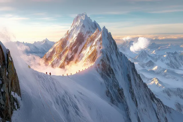 Climbers ascend a snowy mountain ridge at sunrise with sharp peaks and clouds in the background.