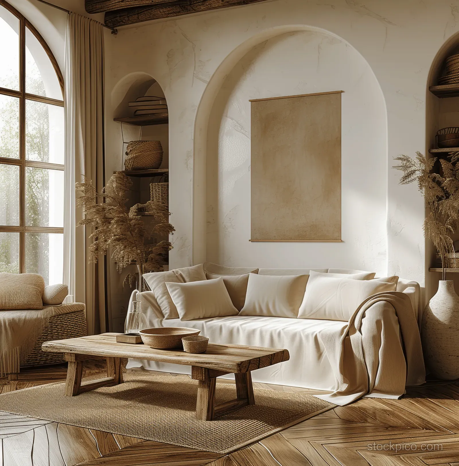 Bohemian living room with arched window, rustic wooden bench, wicker details, and an empty canvas poster mockup.