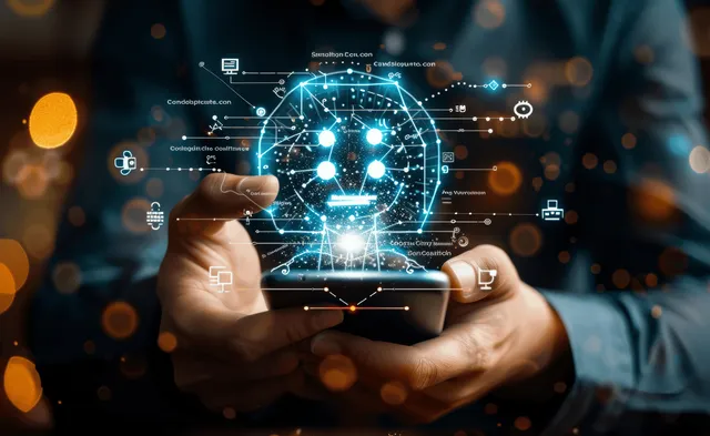 Hands Holding Smartphone with Glowing AI Chatbot Interface in Dark Office