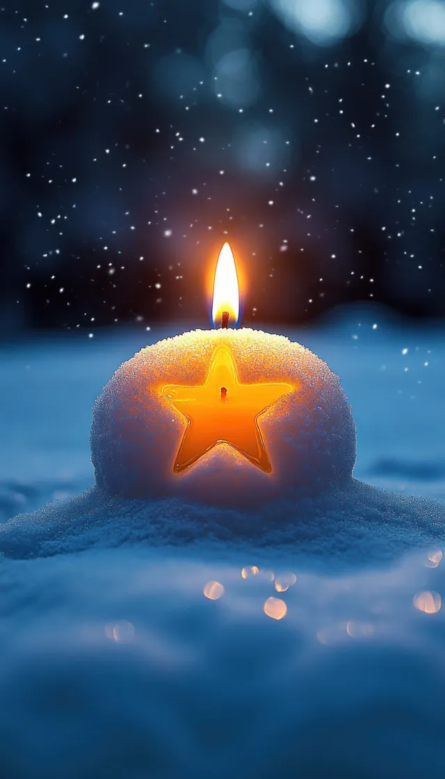 A glowing snowball-shaped candle with a star cutout burns gently on frosty snow while snowflakes fall at night.