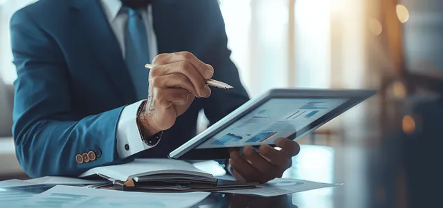 A businessman uses a stylus on a tablet during a meeting at an office desk.