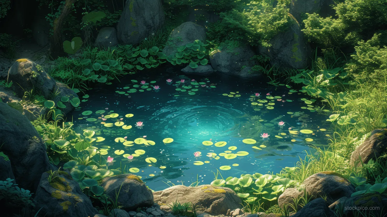 A Japanese pond in a forest with floating lotus leaves and glowing reflections around mossy rocks.