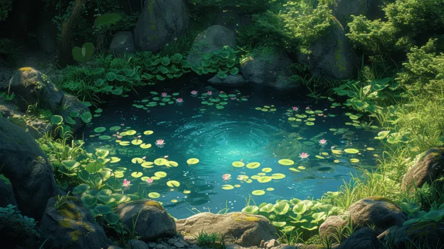 Scenic Japanese pond with floating lotus leaves and glowing water in forest
