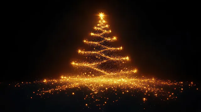 Golden spiral lights create a Christmas tree shape with sparkling glitter-like particles on a dark background.