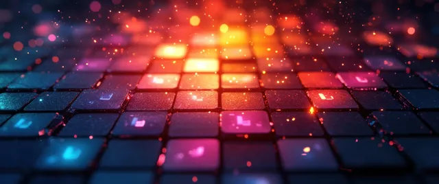 Colorful scattered code tiles with glowing squares and floating light particles on a table surface.