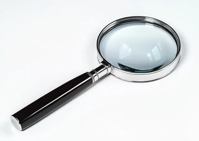 Close-up magnifying glass with black handle and shiny metal rim on white background