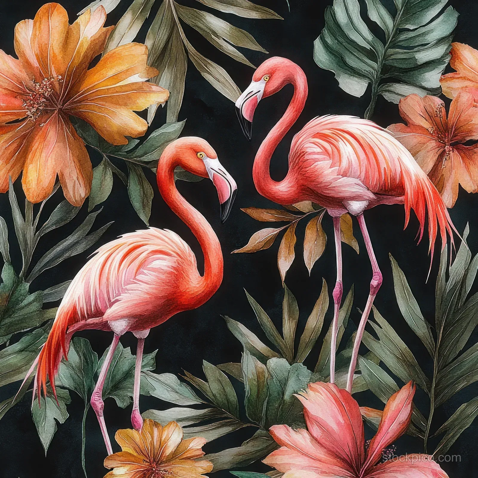 Pink flamingos surrounded by palm leaves and orange tropical flowers on a dark watercolor botanical background.