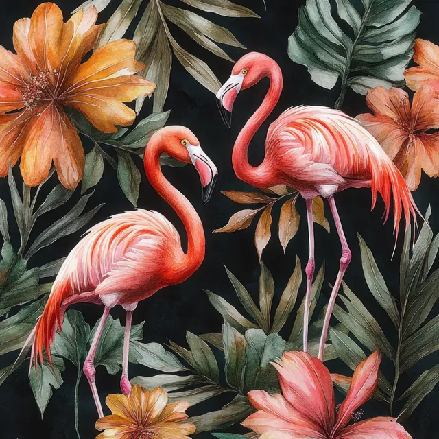 Watercolor flamingos standing among palm leaves on dark botanical pattern background