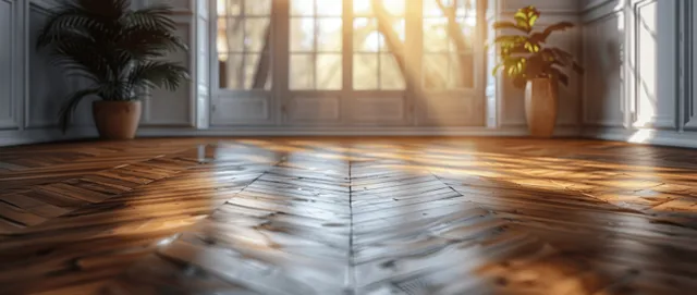 Sunlit empty room with herringbone wood floor and tall windows