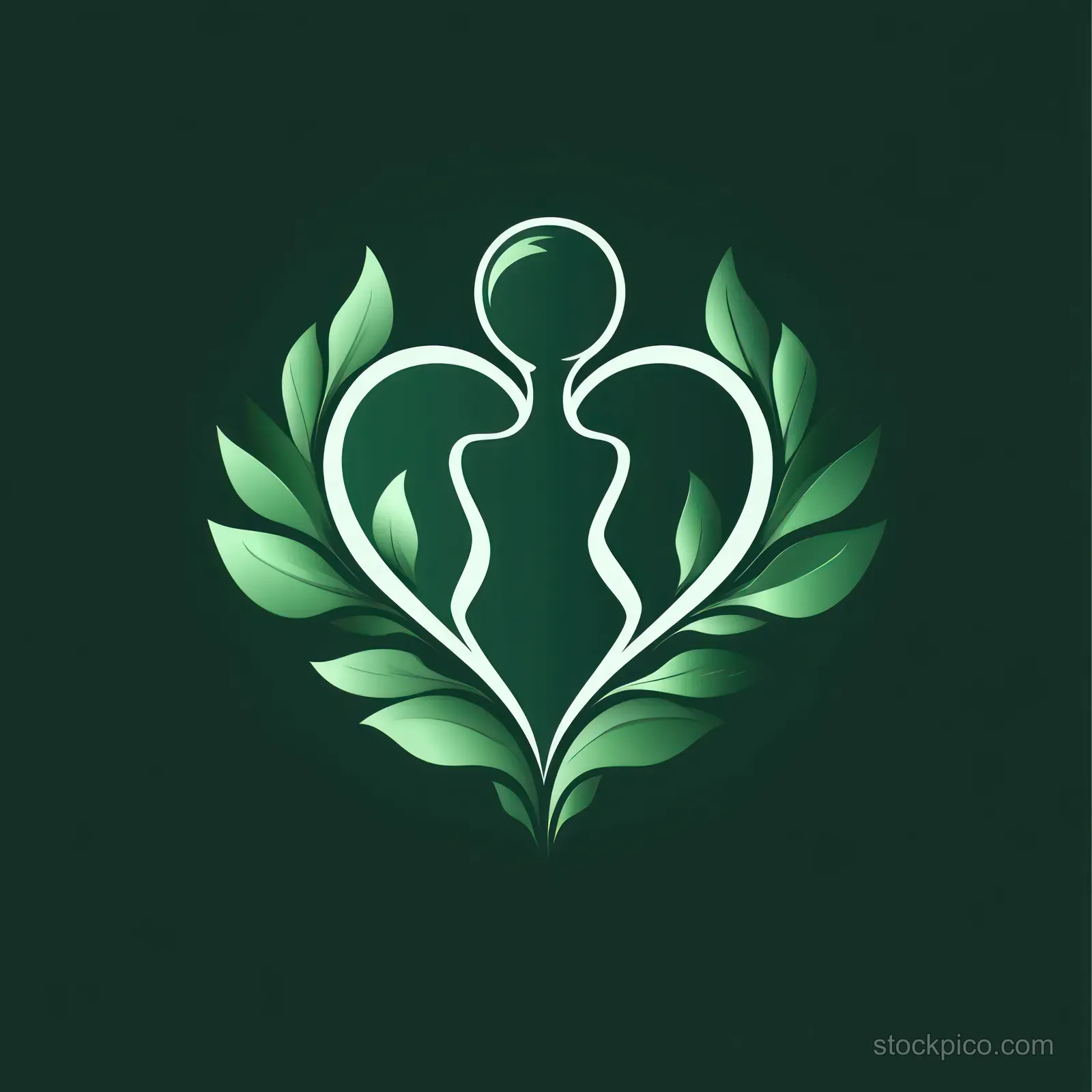 Abstract illustration of two human silhouettes forming a heart shape, surrounded by green leaves on a dark background.