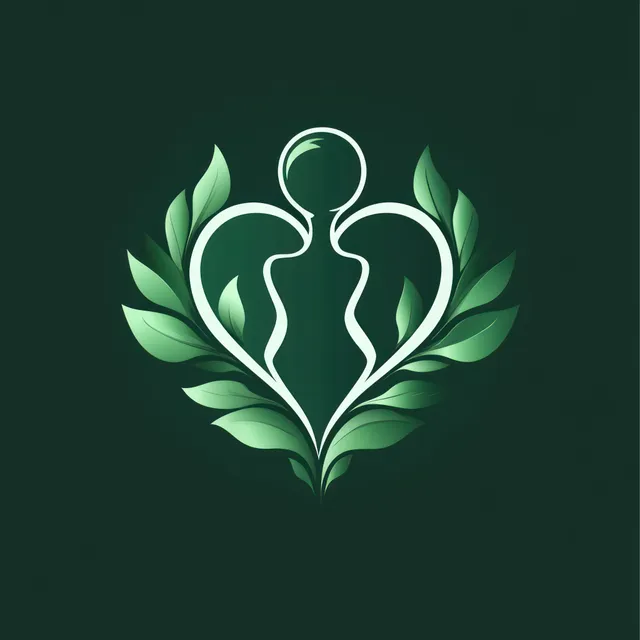 Abstract illustration of two human silhouettes forming a heart shape, surrounded by green leaves on a dark background.